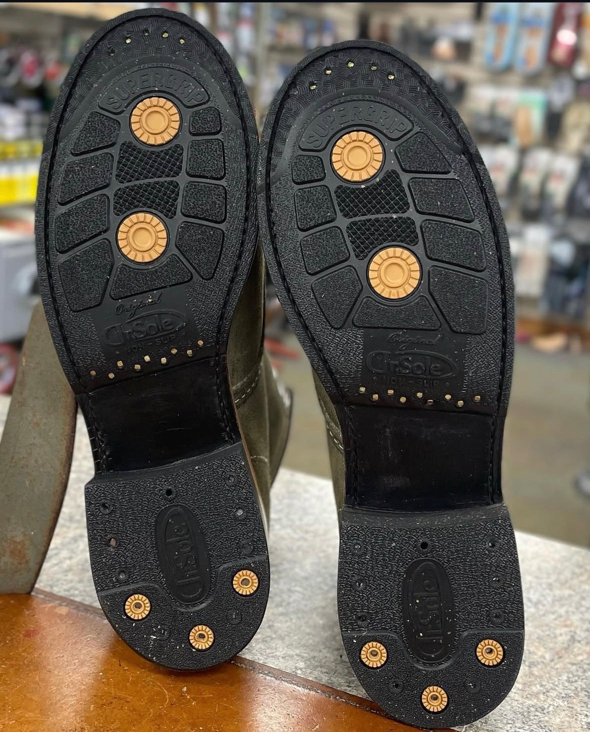 Rebuilt boot heel showing Dr. Sole cork combination heel