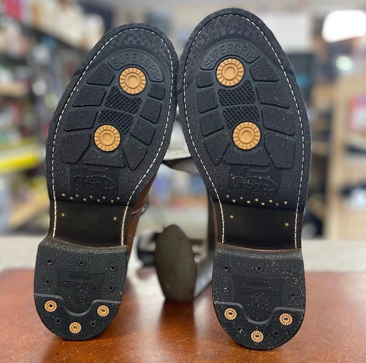 Close-up of Dr. Sole cork half sole and new welt stitching