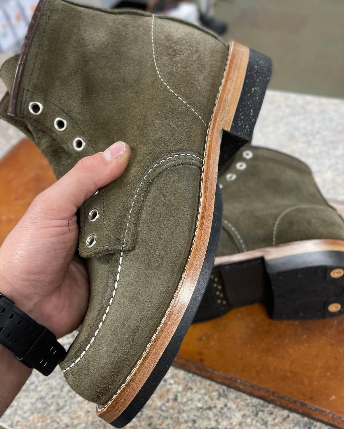 Dr. Sole cork half sole and heel rebuild, side view, natural finish