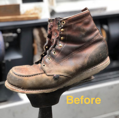 Thorogood boot resole in progress at Fred's Shoe Repair cobbler shop