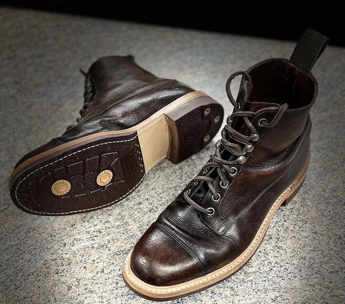Dr. Sole cork half sole and heel combination rebuild, in-store, new storm welting