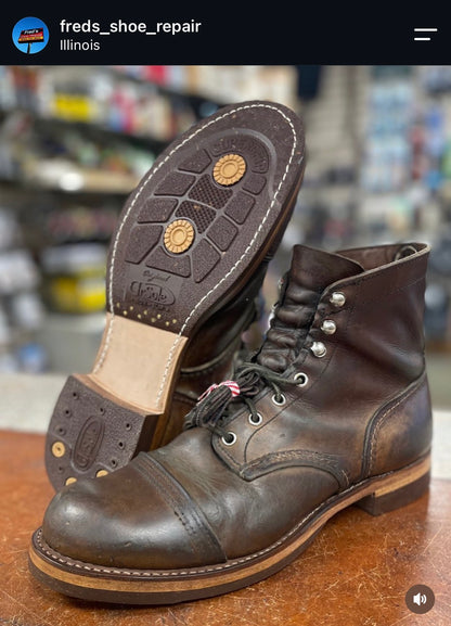 Dr. Sole cork half sole and heel combination rebuild, sole view, brown dr sole 