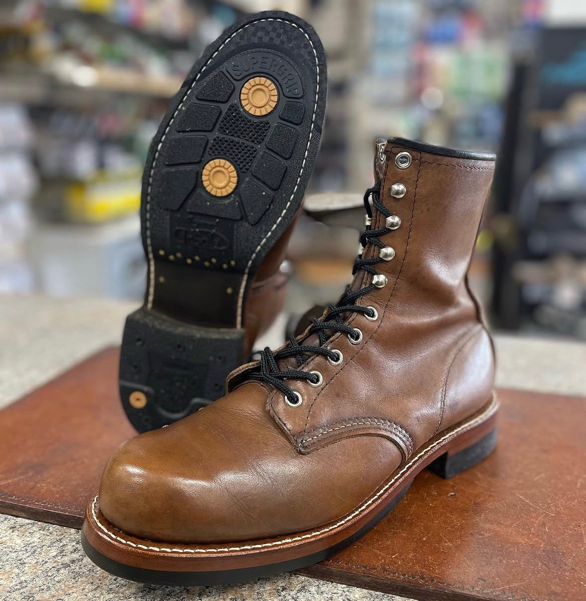 Dr. Sole cork half sole and heel combination rebuild, brown boots, black cork 1/2 sole and heel