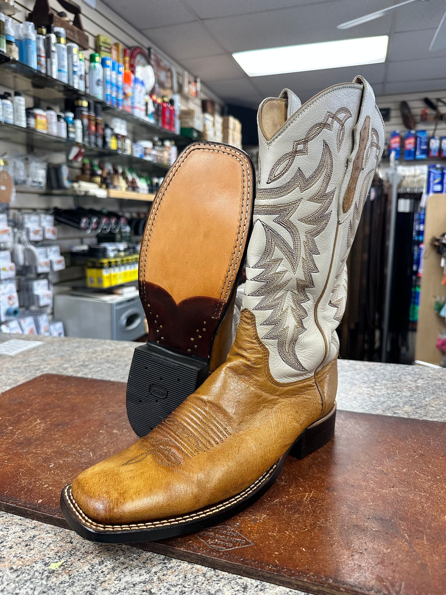 New leather sole on cowboy boot bottom view