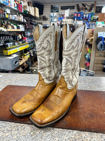 Resoled double row stitching on a pair of cowboy boots.