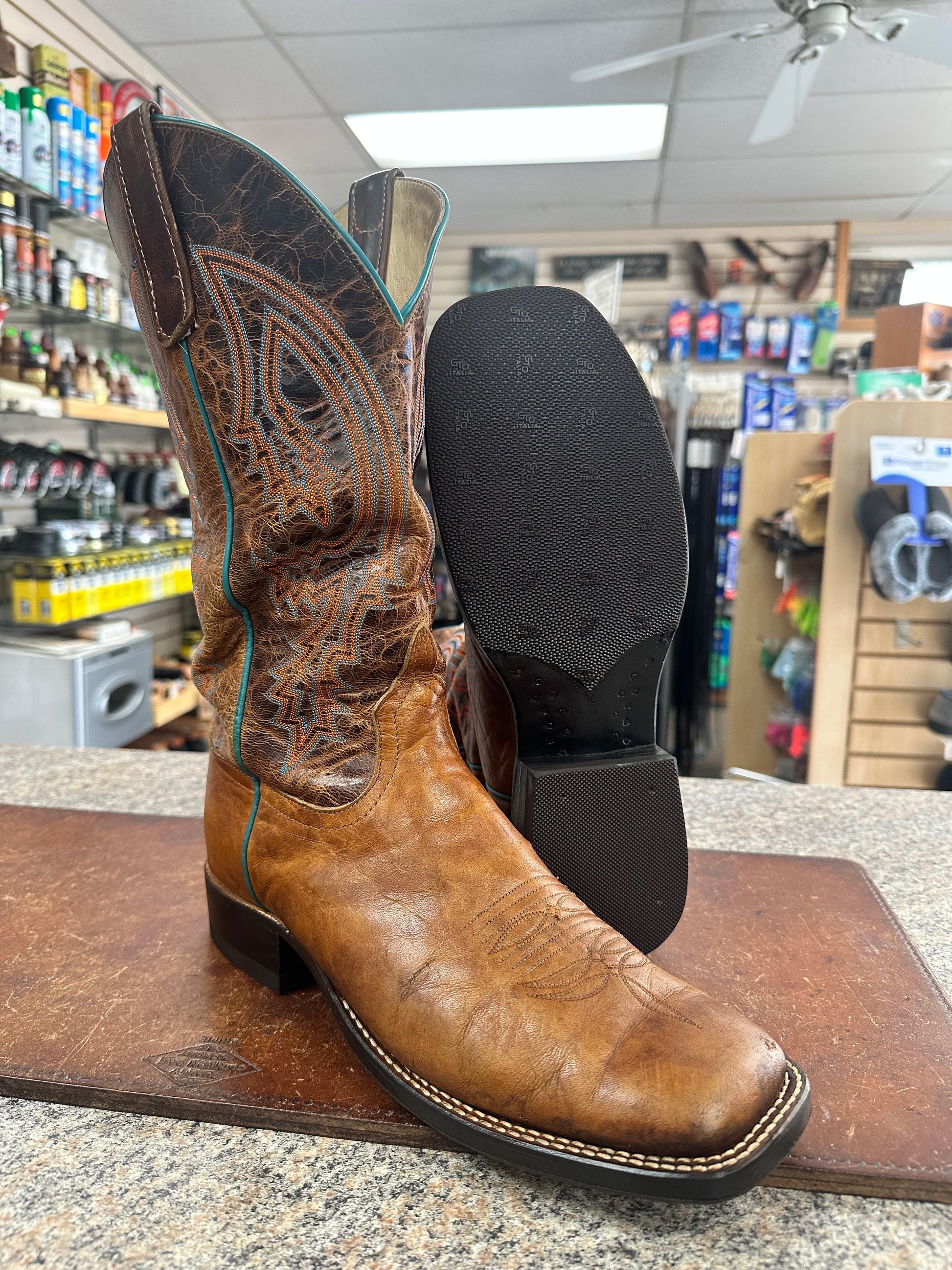 Leather sole and sole protector installed on a cowboy boot

