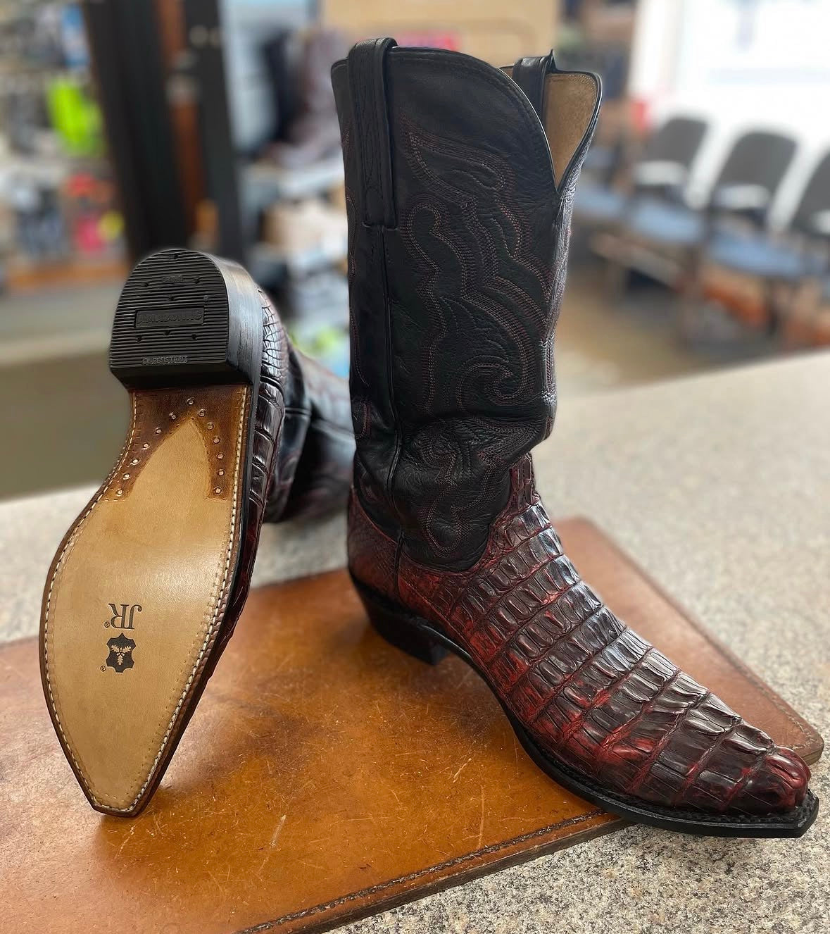 Cowboy boot welt close-up after professional resole service