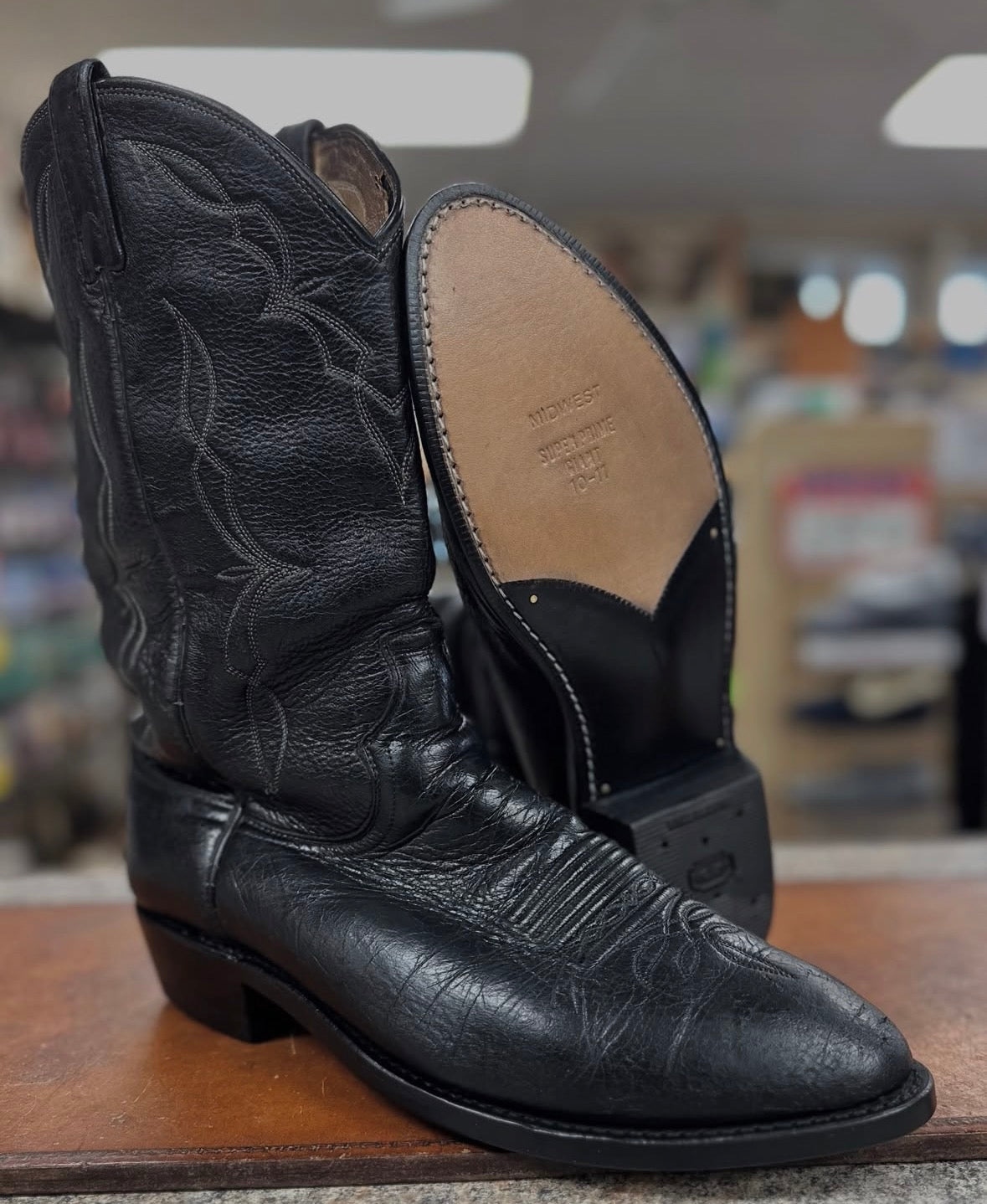 Cowboy boot resole side view - new leather sole and heel